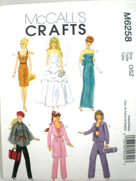Barbie Clothes Pattern McCalls 6258 Dress Wedding Gown Evening Wear 