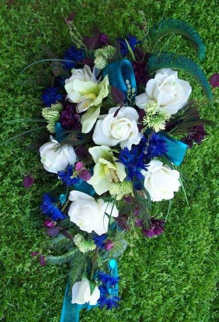  Bridal Bouquet Real Touch Roses and Orchids TeaL PLuM BLue aND GReeN 