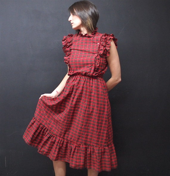 vintage 80s red tartan plaid ruffle prairie dress