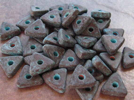 10 GREEN PATINA Mykonos Greek Ceramic Beads - Triangle Washer Beads - 10mm