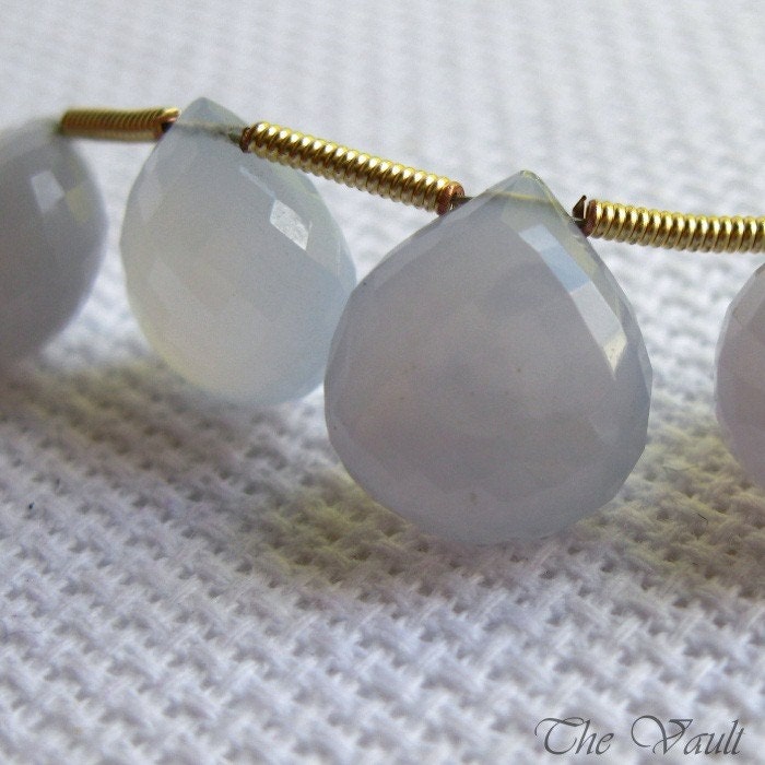 6 Chalcedony 12mm heart faceted briolettes - cloud blue