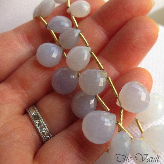 6 Chalcedony 12mm heart faceted briolettes - cloud blue