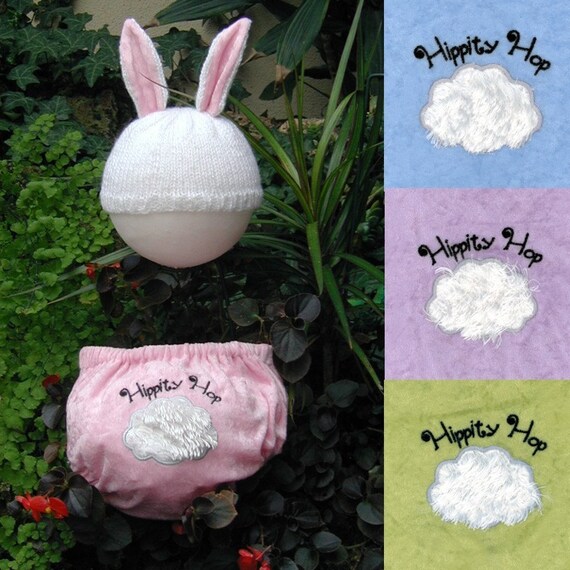 Easter Handknit Bunny Hat and Bunny Tail Diaper Cover  for baby girl or boy
