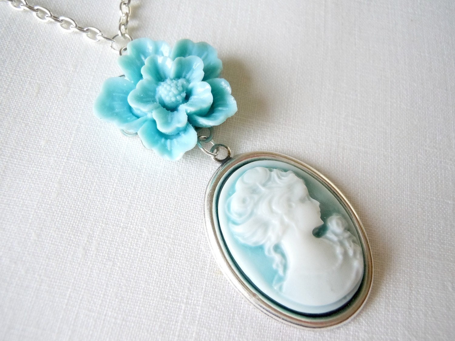 Cameo Necklace - Silver Jewelry, Ice Blue Flower, White and Blue Cameo, Silver Plated