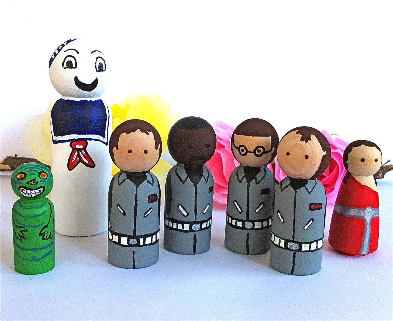 Ghostbusters Wood Peg Dolls Toy Set of 7 READY TO SHIP Bill Murray Peter Venkman Slimer Stay Puft  Marshmallow Man Sigourney Weaver 1984