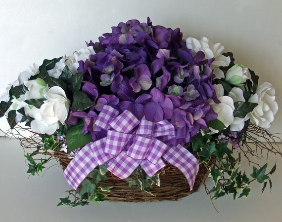 Country Basket Brimming with Purple Hydrangeas and Snow White Gardenias