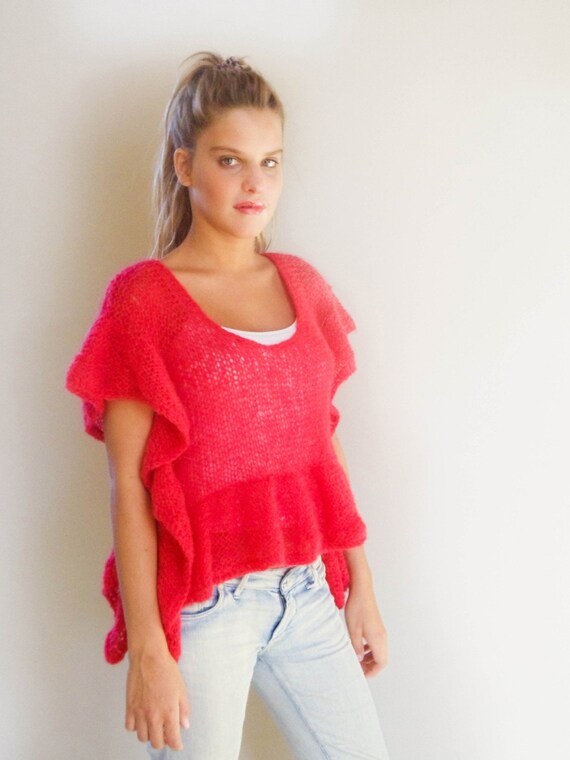 ruffle sweater LOLA hand knit in coral red