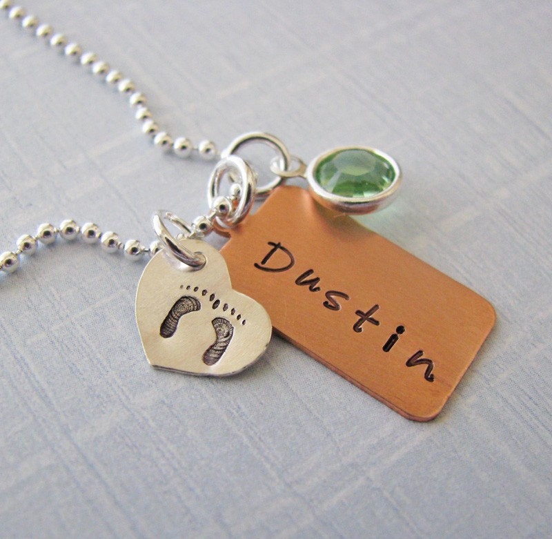 NEW - mixed metal custom baby name necklace - hand stamped with footprints and birth stone