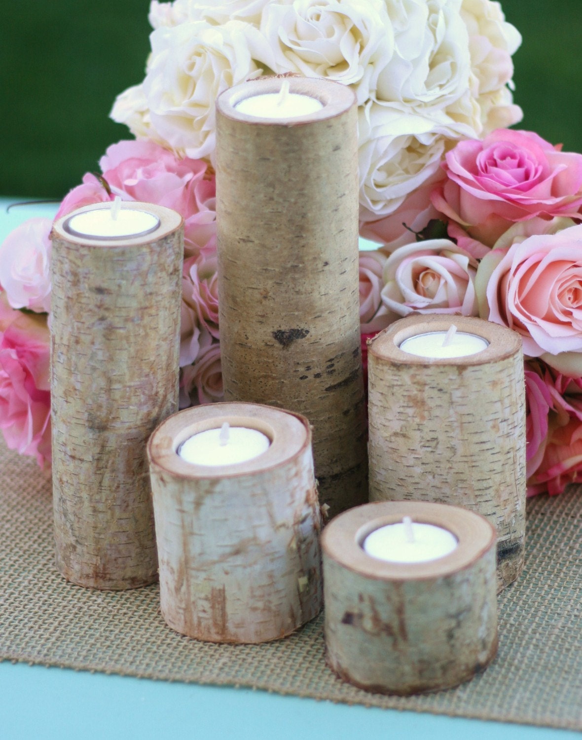 5 pc SET Centerpiece Birch Bark Log Votive Tea Light Candle Holders Rustic