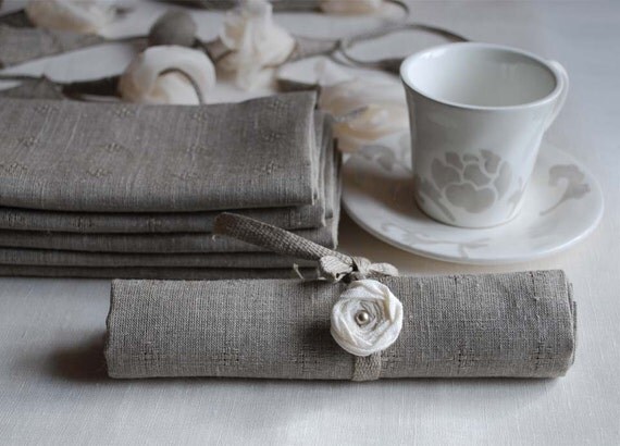 LINEN NAPKINS . Natural Grey with a Pattern. Set of 6 .