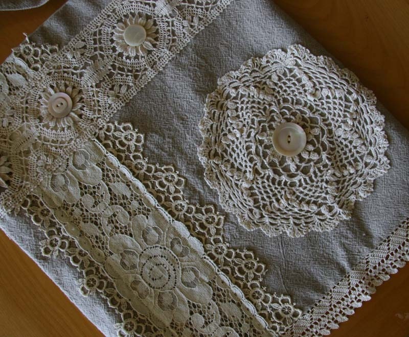 Fab OOAK Handmade Linen Shoulder Bag with Vintage Lace Trim