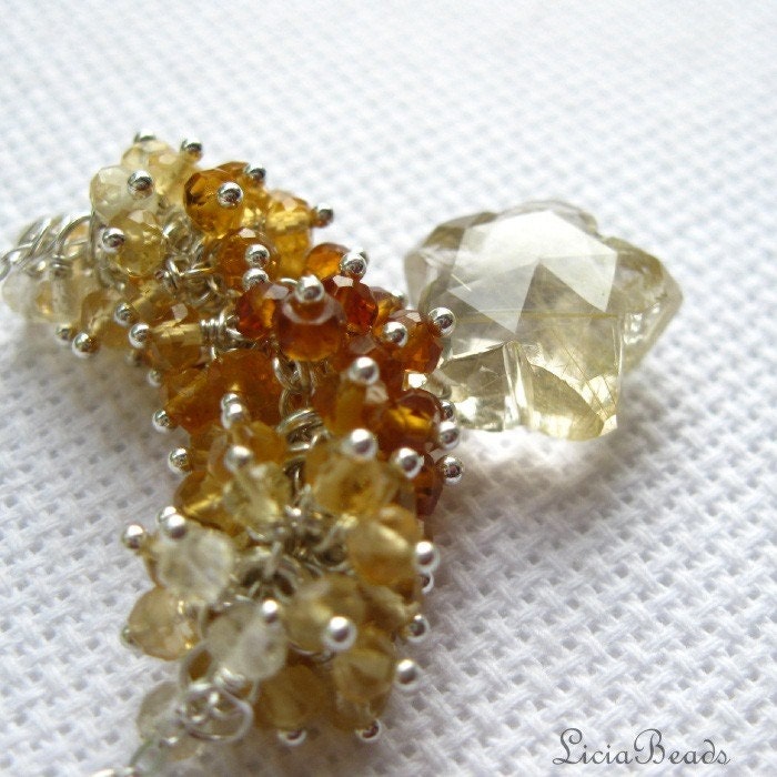 Autumn Star - Star faceted Rutilated Quartz gemstone and shaded Citrine cluster necklace