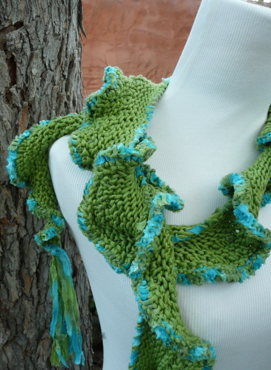Ruffle scarf - hand knitted with tassels in green and turquoise - one of a kind