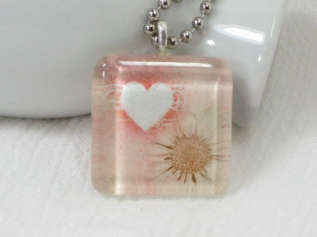 Glass Tile Pendant Necklace - Romantic Flower and Heart