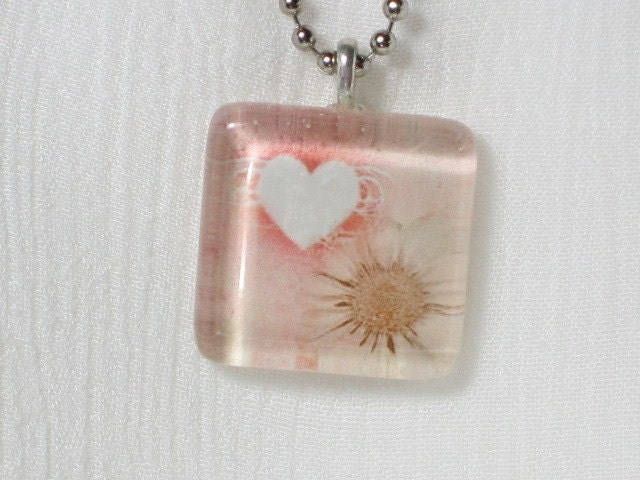 Glass Tile Pendant Necklace - Romantic Flower and Heart