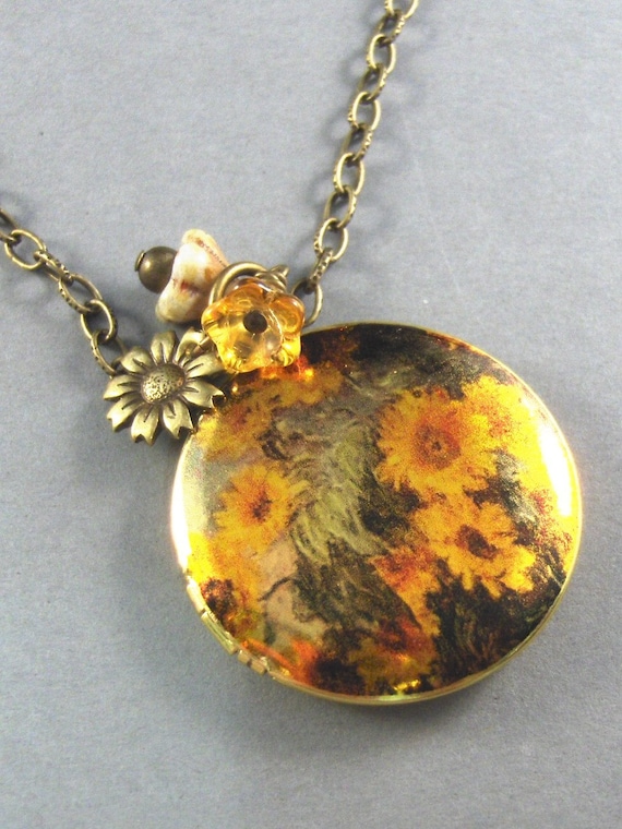 Sunflower,Brass Locket,Monet,Yellow,Green,Flower,Charm.  Handmade jewelery by Valleygirldesigns on Etsy.