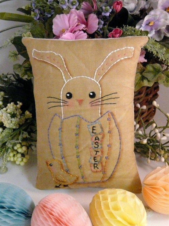 new 2011 Easter Egg bunny Chick Stitchery E Pattern - email Pdf primitive embroidery pillow pinkeep tag pincushion tuck
