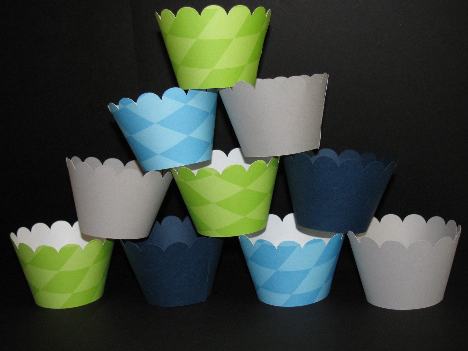navy blue lime green grey solid argyle CUPCAKE WRAPPERS Holders Wraps