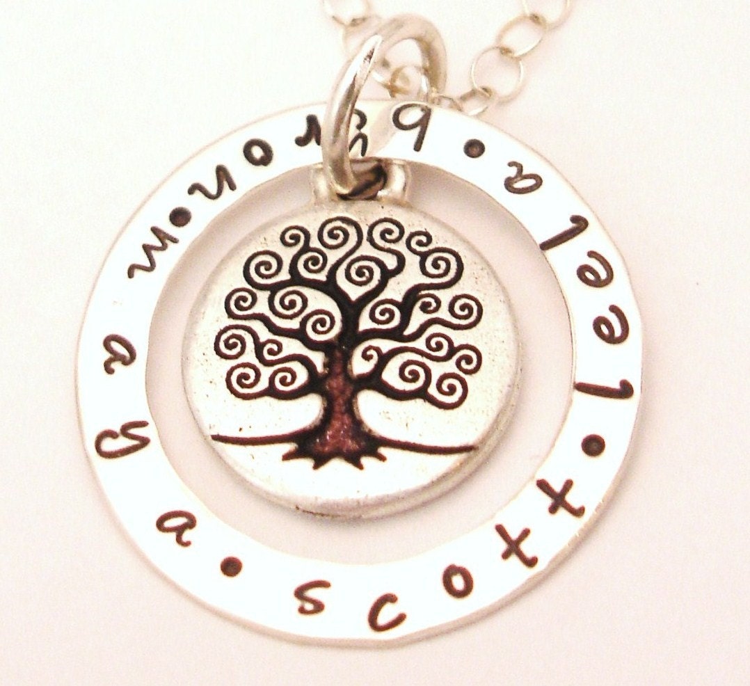 The FAMILY TREE of Life Story Necklace .... Sterling Silver Personalized Hand Stamped Pendant Charm Necklace Free Shipping