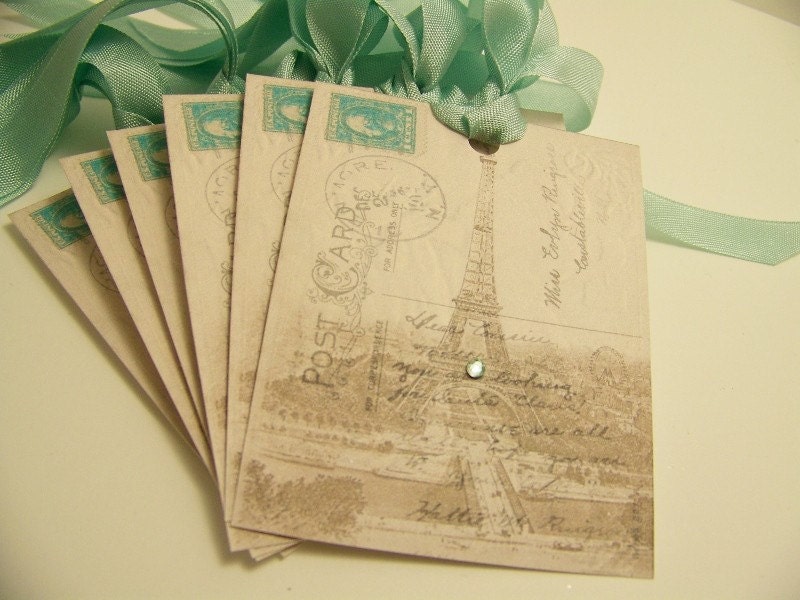 Paris Eiffel Tower Tags - French Script Post Card Collaged - Set of 6