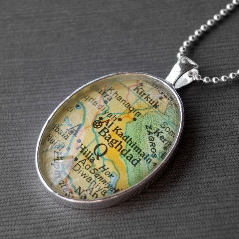 Baghdad Iraq - Oval Vintage Map Necklace. From DaisyMaeDesignsShop