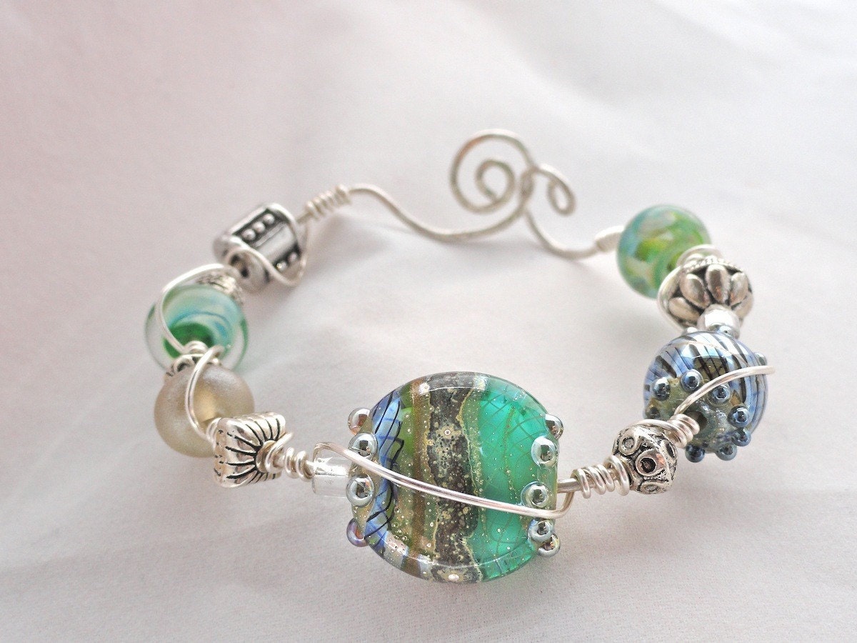 Fresh Green Blue and White Artisan Lampwork  Bead Bracelet