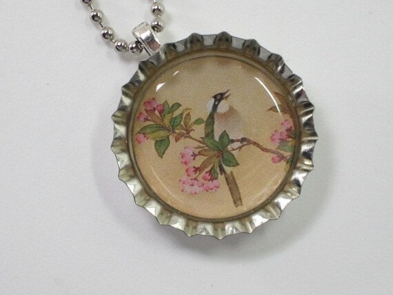 Bottlecap Necklace - Asian Style Bird and Blossom
