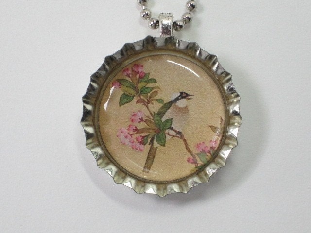 Bottlecap Necklace - Asian Style Bird and Blossom