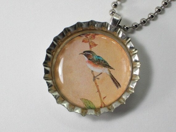 Bottlecap Necklace - Asian Style Bird and Blossom