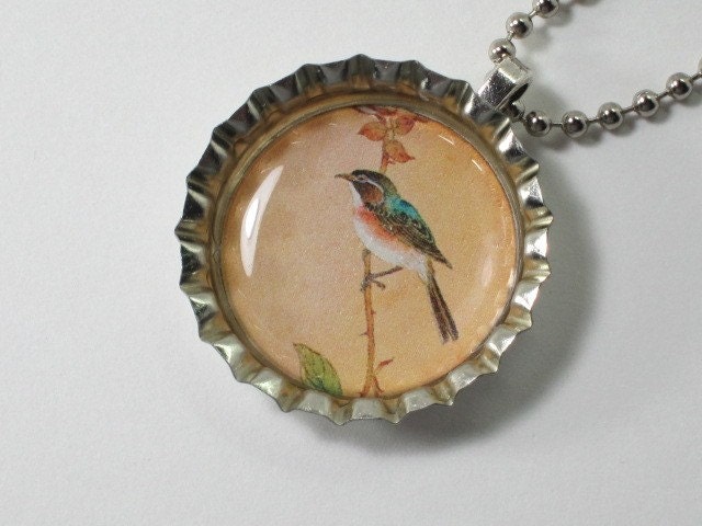 Bottlecap Necklace - Asian Style Bird and Blossom