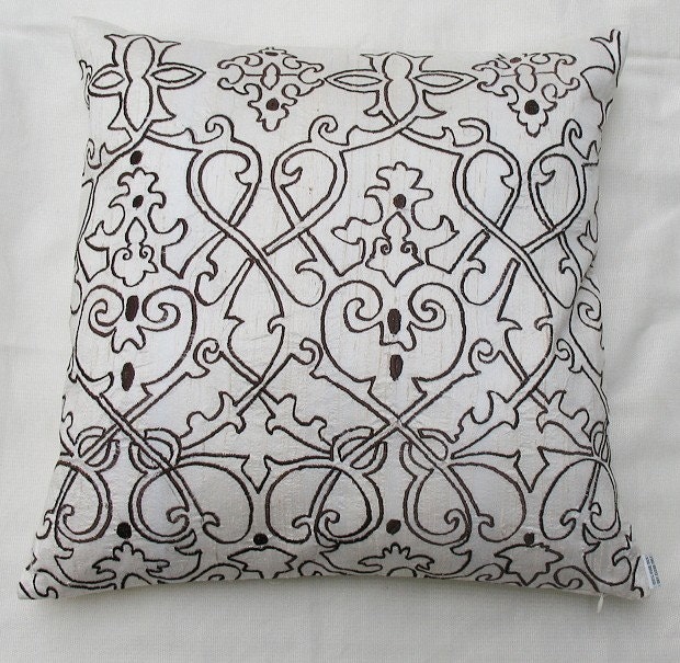 off white pillow with brown filigree embroidery 16 inch