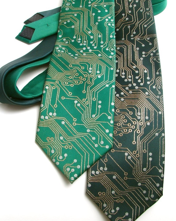 Circuit Board Geek Tie - Metallic Copper and Silver Ink on Green or Black Necktie