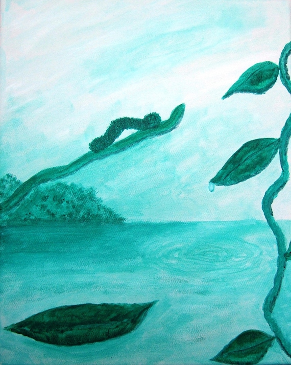 Caterpillar Painting - "Just A Little Farther" - Green Monochromatic Canvas