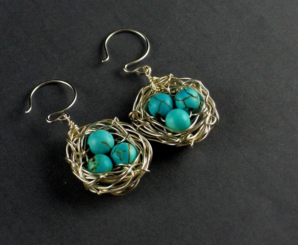 Silver Bird Egg Nest Turquoise Round Sterling Silver Ear Wires Earring