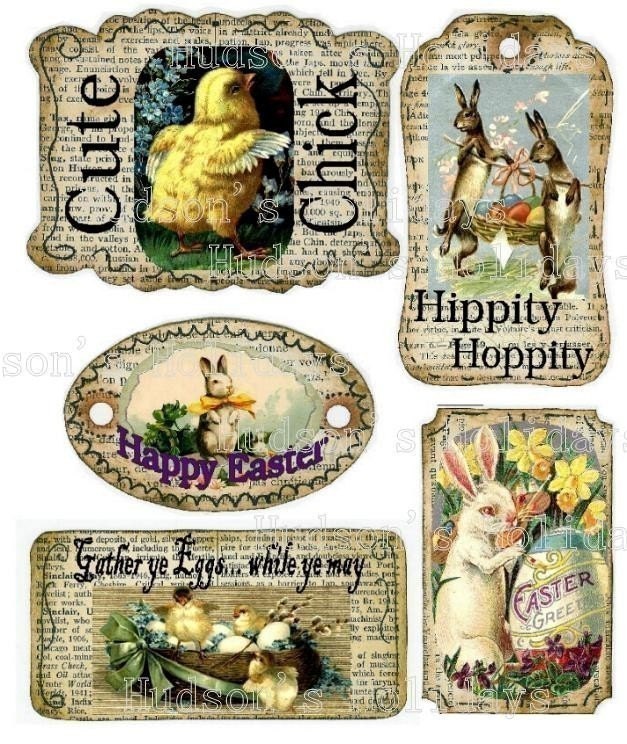 Easter Bunny Chick Tags - altered Fun scrapbooking Labels digital uprint primitive paper old