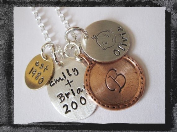 Hand Stamped Necklace - Personalized Mixed Metal Family Charm Jewelry - Initial Baby Kids Parent Tags