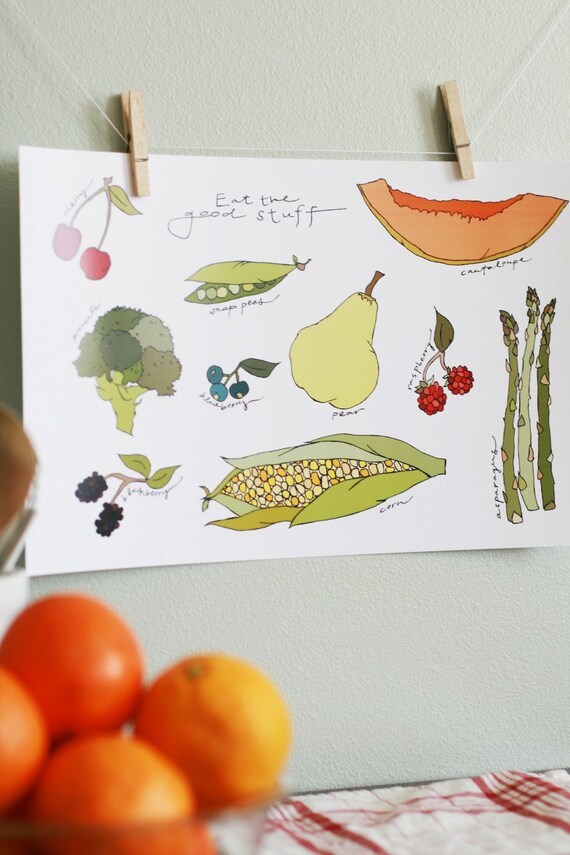 Kitchen Art Print - Eat the Good Stuff- Fruits and Vegetables - 11x17