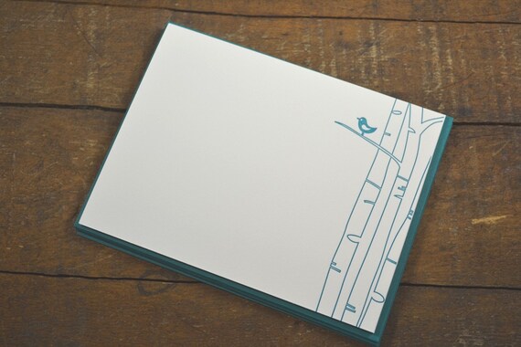SALE 50% off - Bird on a branch - set of 5 letterpress flat cards