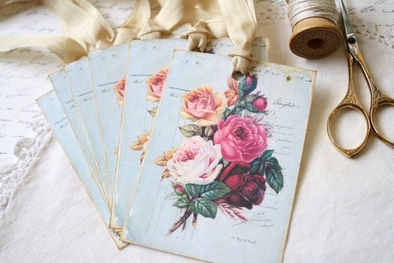 Gift Tags Shabby Chic Roses on Vintage Blue