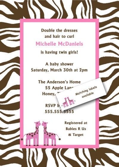 Baby Shower Invitations Sayings on Zebra Giraffe Baby Shower Invite   Twin Girls   Chocolate Brown