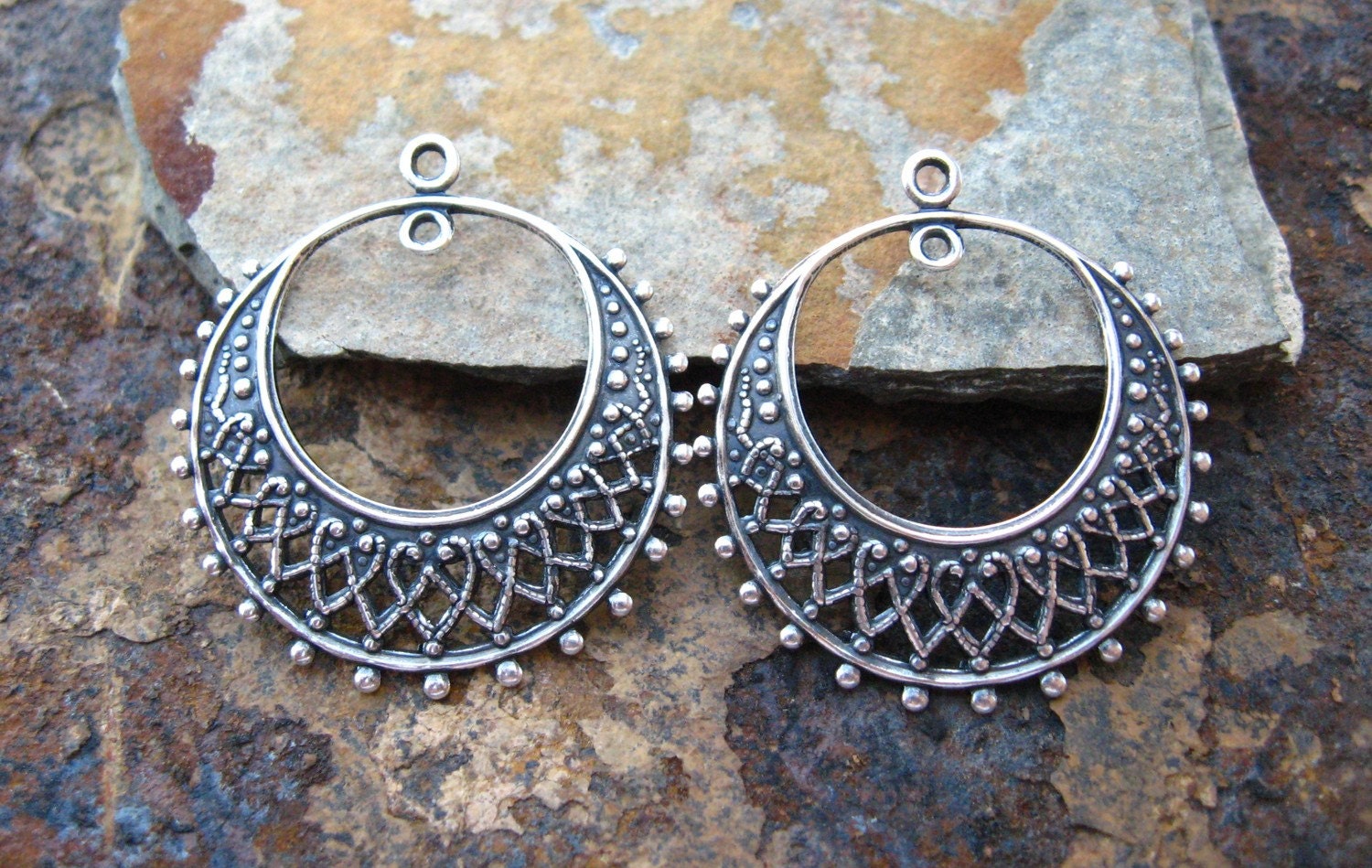 2 Antique Silver Filigree Hoops - Trinity Brass LOW SHIPPING