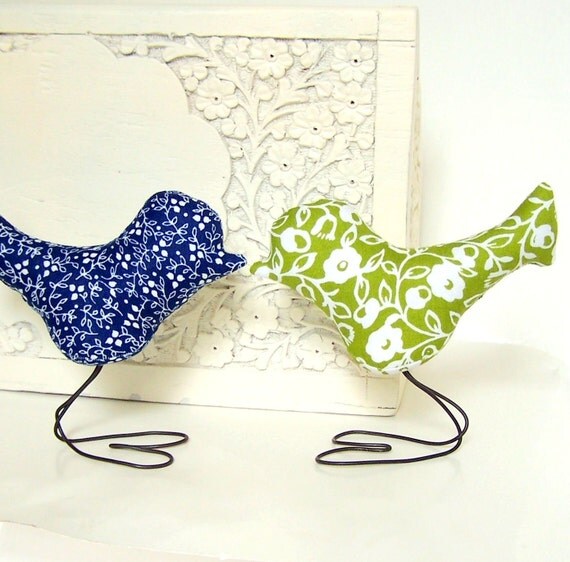 Wedding Cake Toppers Love Birds Cottage Style Navy Blue Summer Green 