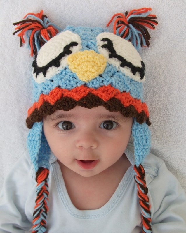 Blue Owl Hat -Crochet Baby  Hat  - for Baby or Toddler