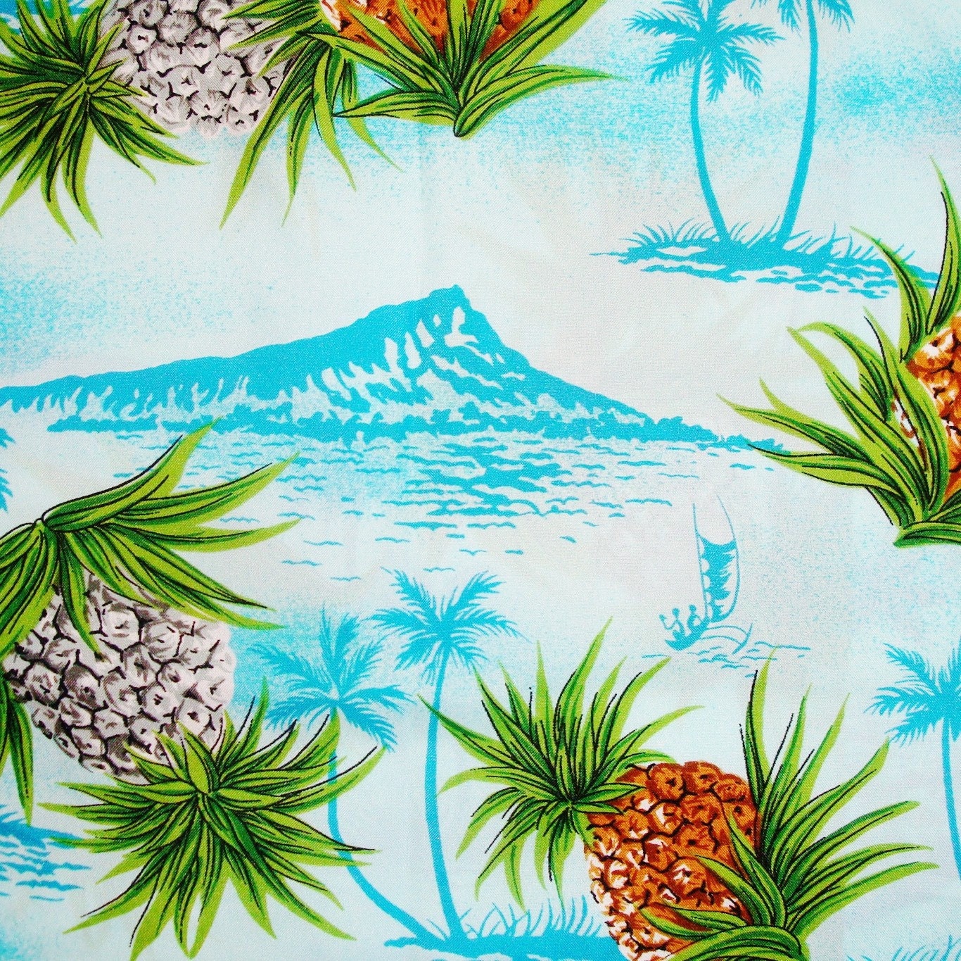 Mens Vintage 60s Blue Hawaiian Pineapple Diamond Head Surf Shirt XL
