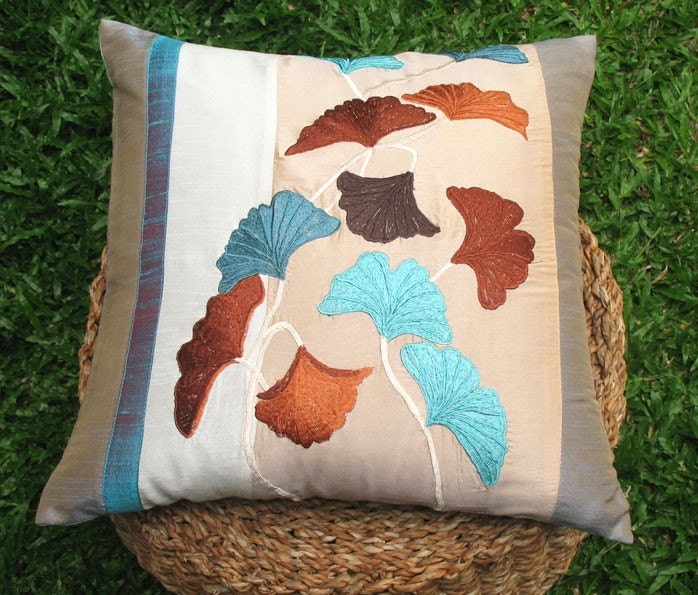 ginkgo leaf embroidered decorative throw pillow 16 inch