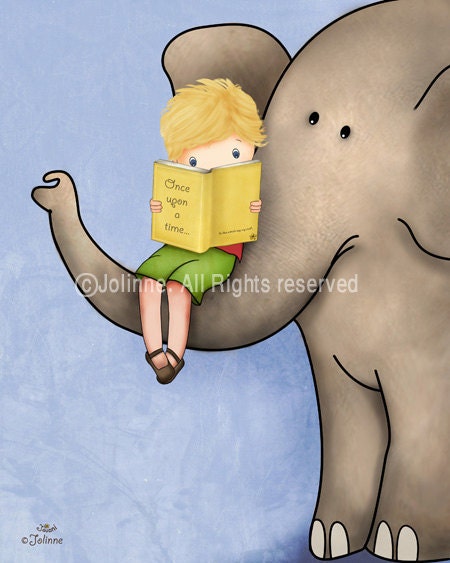 Boys room, elephant wall art, nursery room decor, kids art prints, blue print books reading art decor children housewares