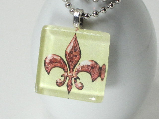 Glass Tile Pendant Necklace - Vintage Style FLEUR DE LIS