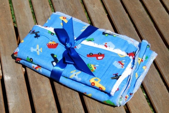 Cars, Boats, Trucks, Airplanes, Swaddling/Receiving Blanket and Burp Cloth Set, FREE Monogram