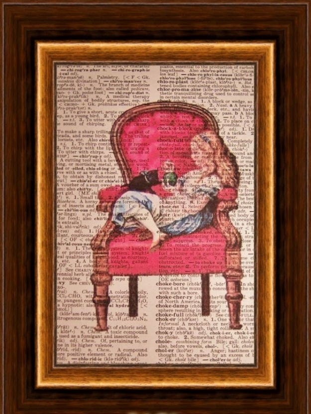 Alice in Wonderland and cat on Red Chair----Vintage Dictionary Art Print---Fits 8x10 Mat or Frame