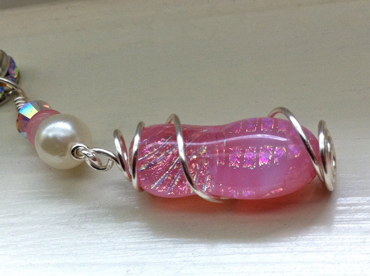 Long Carnation Pink  Dichroic Bead Wirewrapped Pendant